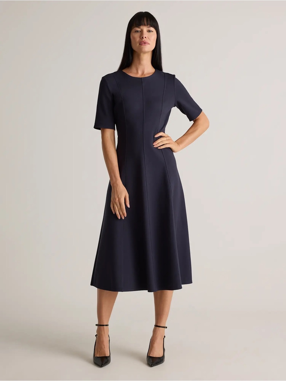 Quince NEW Ultra-Stretch Ponte Short Sleeve Midi Dress Navy Medium